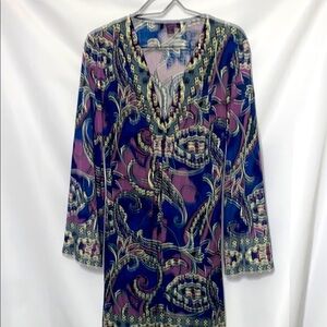 Hale Bob Blue and Purple 3/4 Sleeve Graphic Tunic 100% Silk back tie Size Medium